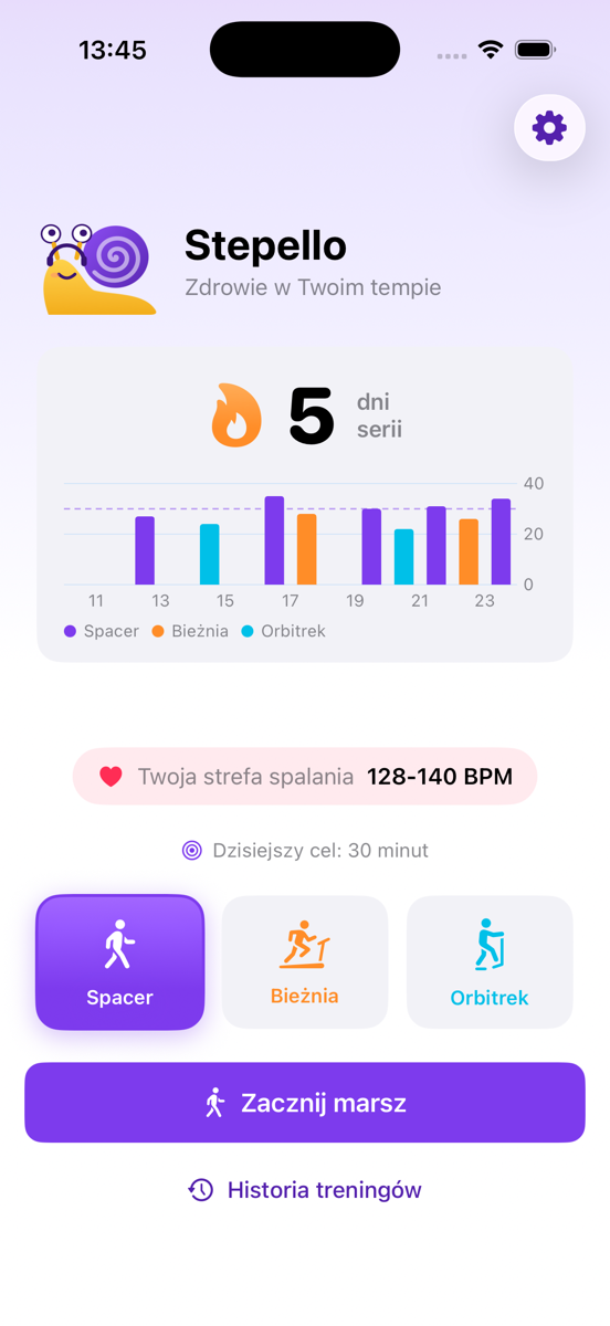 Ekran startowy Stepello: seria dni, wykres aktywności i wybór trybu treningu